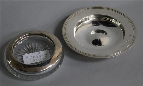 A modern Asprey & Co small silver alms dish and a silver rimmed glass ashtray, 5.1 oz.